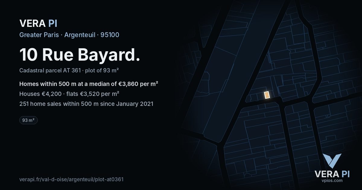 10 Rue Bayard, Argenteuil at night – the plot lit, the parcels around coloured by the prices near them