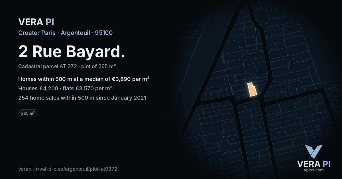 2 Rue Bayard, Argenteuil at night – the plot lit, the parcels around coloured by the prices near them