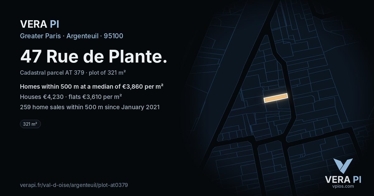 47 Rue de Plante, Argenteuil at night – the plot lit, the parcels around coloured by the prices near them
