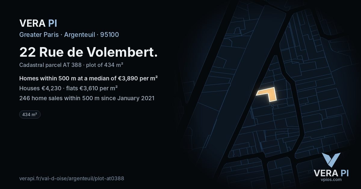 22 Rue de Volembert, Argenteuil at night – the plot lit, the parcels around coloured by the prices near them