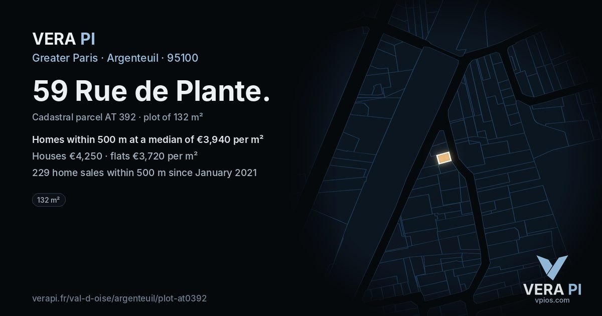 59 Rue de Plante, Argenteuil at night – the plot lit, the parcels around coloured by the prices near them