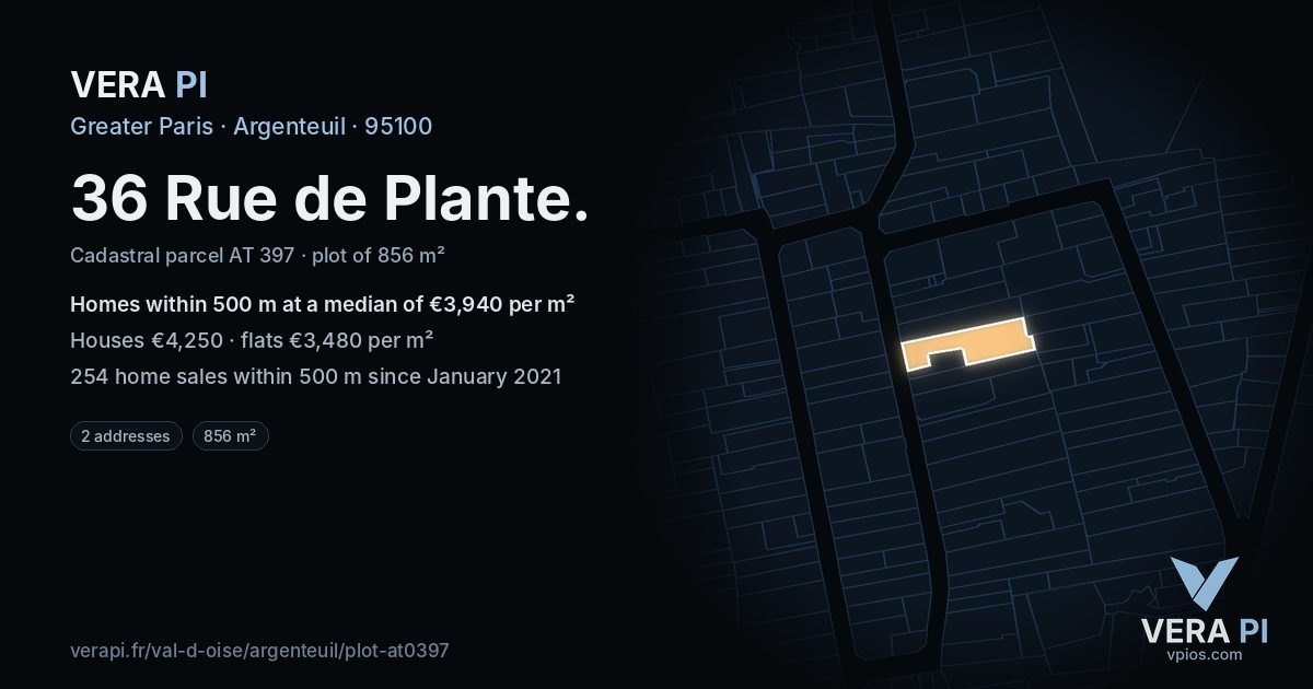 36 Rue de Plante, Argenteuil at night – the plot lit, the parcels around coloured by the prices near them