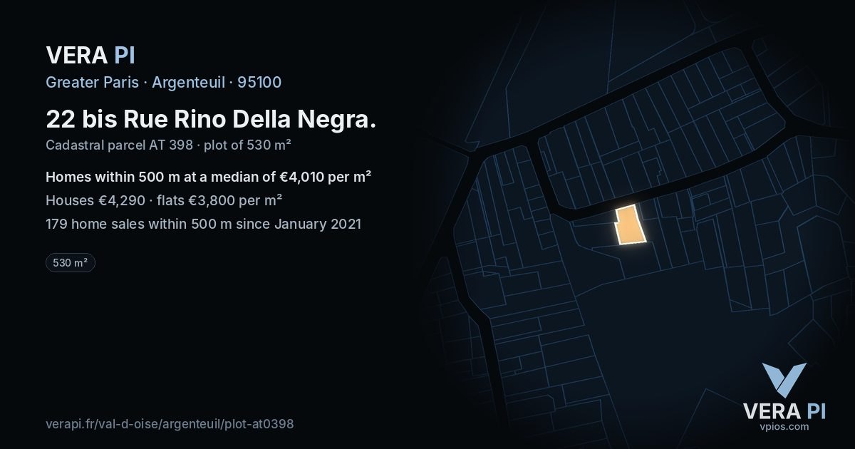 22 bis Rue Rino Della Negra, Argenteuil at night – the plot lit, the parcels around coloured by the prices near them