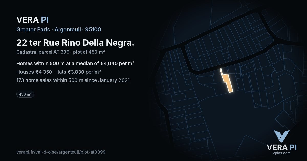 22 ter Rue Rino Della Negra, Argenteuil at night – the plot lit, the parcels around coloured by the prices near them