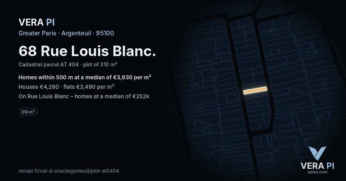 68 Rue Louis Blanc, Argenteuil at night – the plot lit, the parcels around coloured by the prices near them