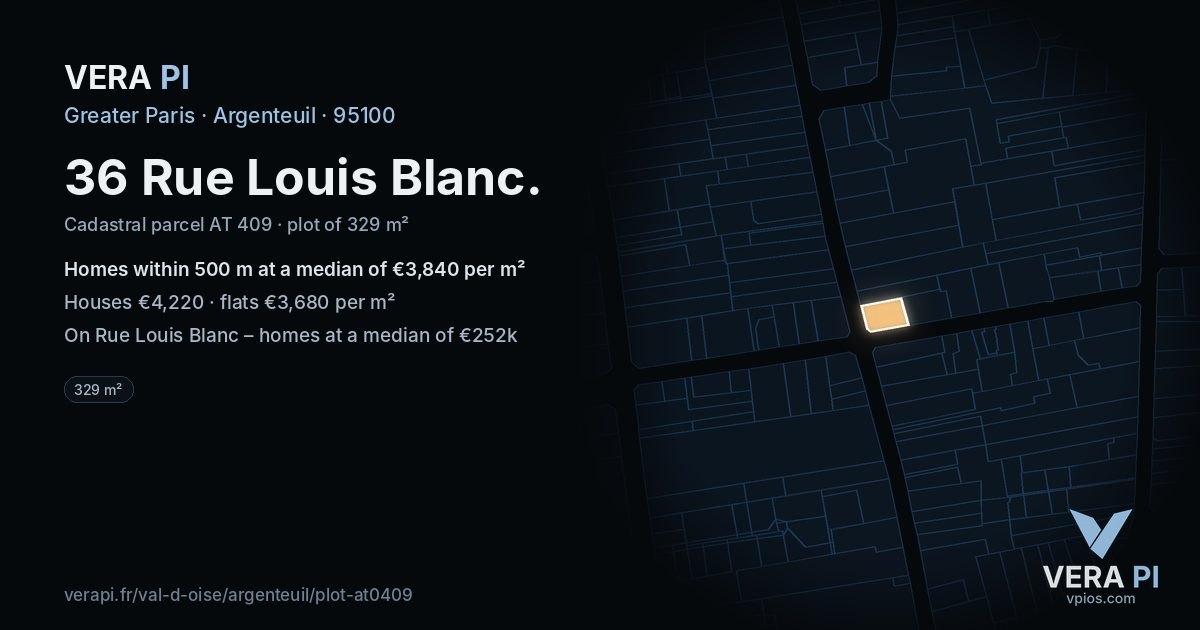 36 Rue Louis Blanc, Argenteuil at night – the plot lit, the parcels around coloured by the prices near them