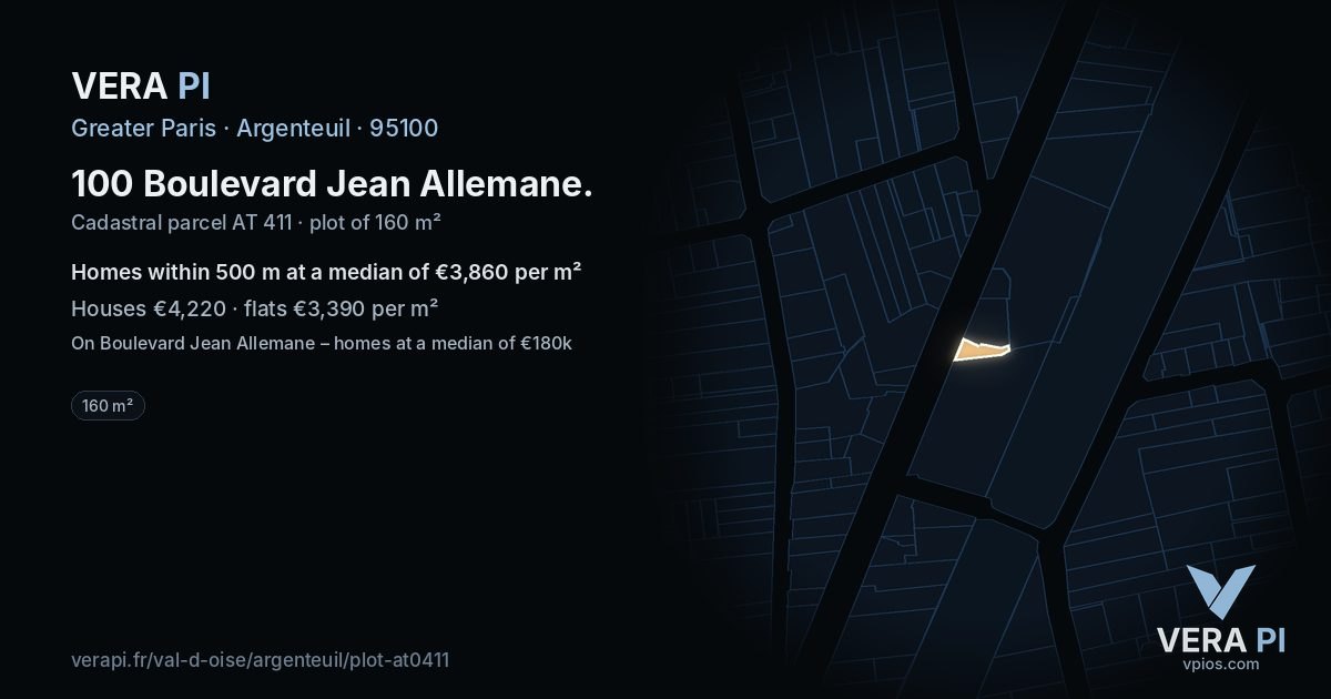 100 Boulevard Jean Allemane, Argenteuil at night – the plot lit, the parcels around coloured by the prices near them