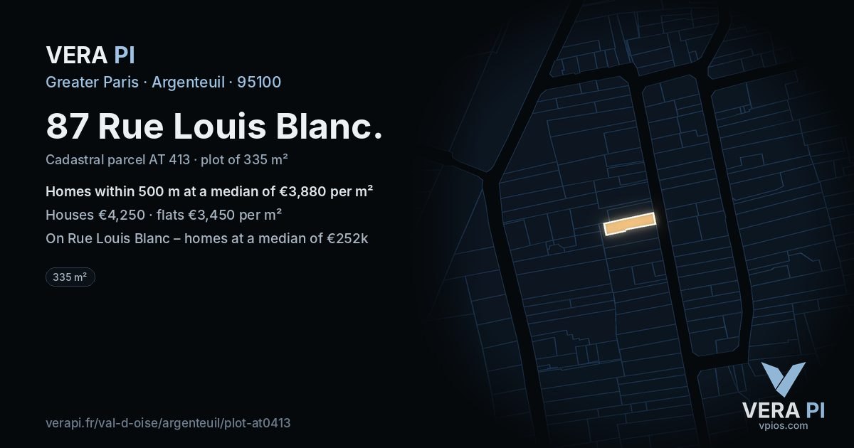87 Rue Louis Blanc, Argenteuil at night – the plot lit, the parcels around coloured by the prices near them