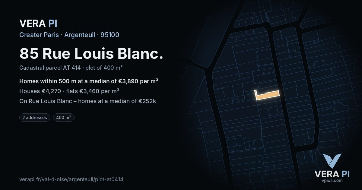 85 Rue Louis Blanc, Argenteuil at night – the plot lit, the parcels around coloured by the prices near them