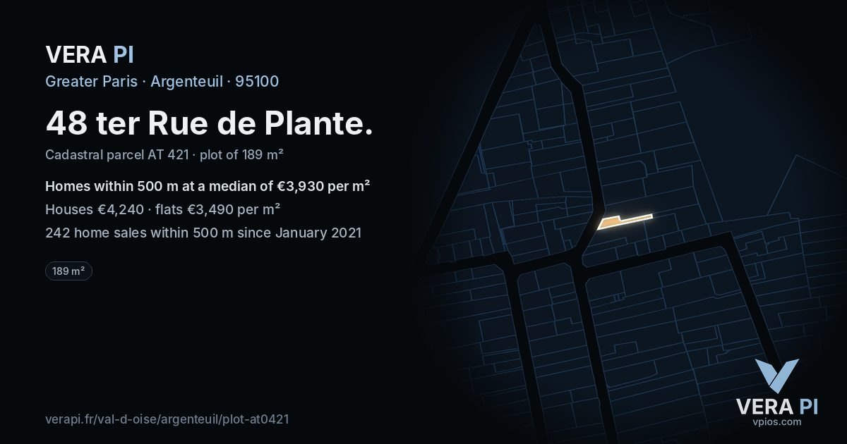 48 ter Rue de Plante, Argenteuil at night – the plot lit, the parcels around coloured by the prices near them