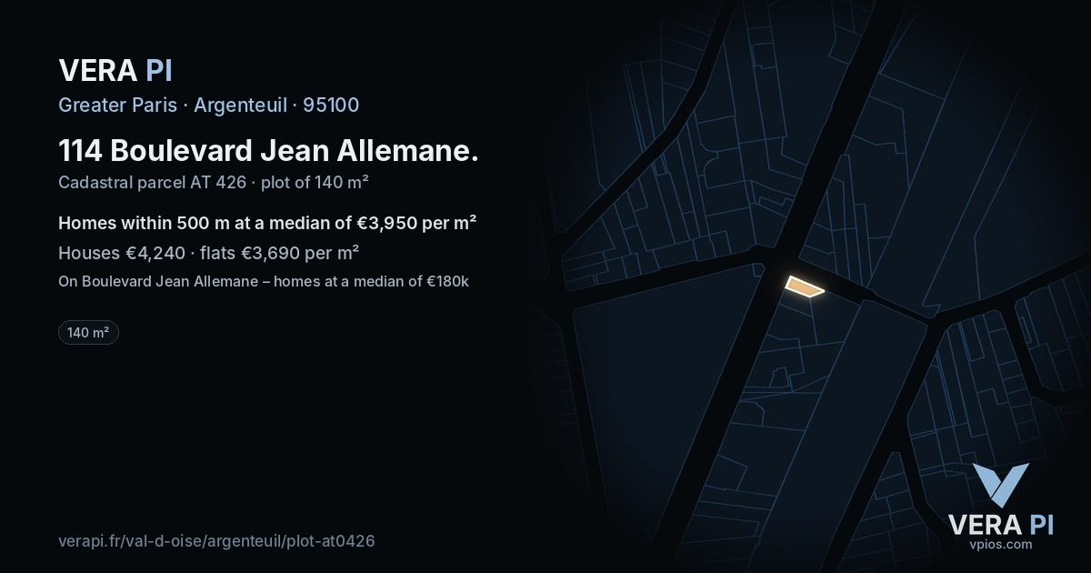 114 Boulevard Jean Allemane, Argenteuil at night – the plot lit, the parcels around coloured by the prices near them