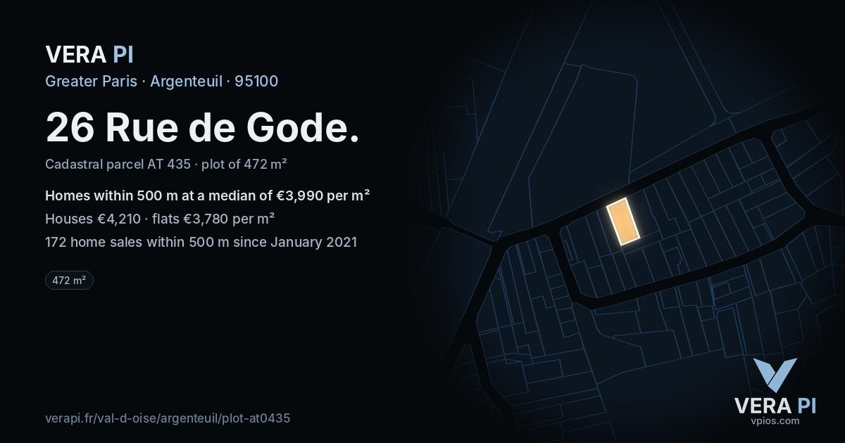 26 Rue de Gode, Argenteuil at night – the plot lit, the parcels around coloured by the prices near them