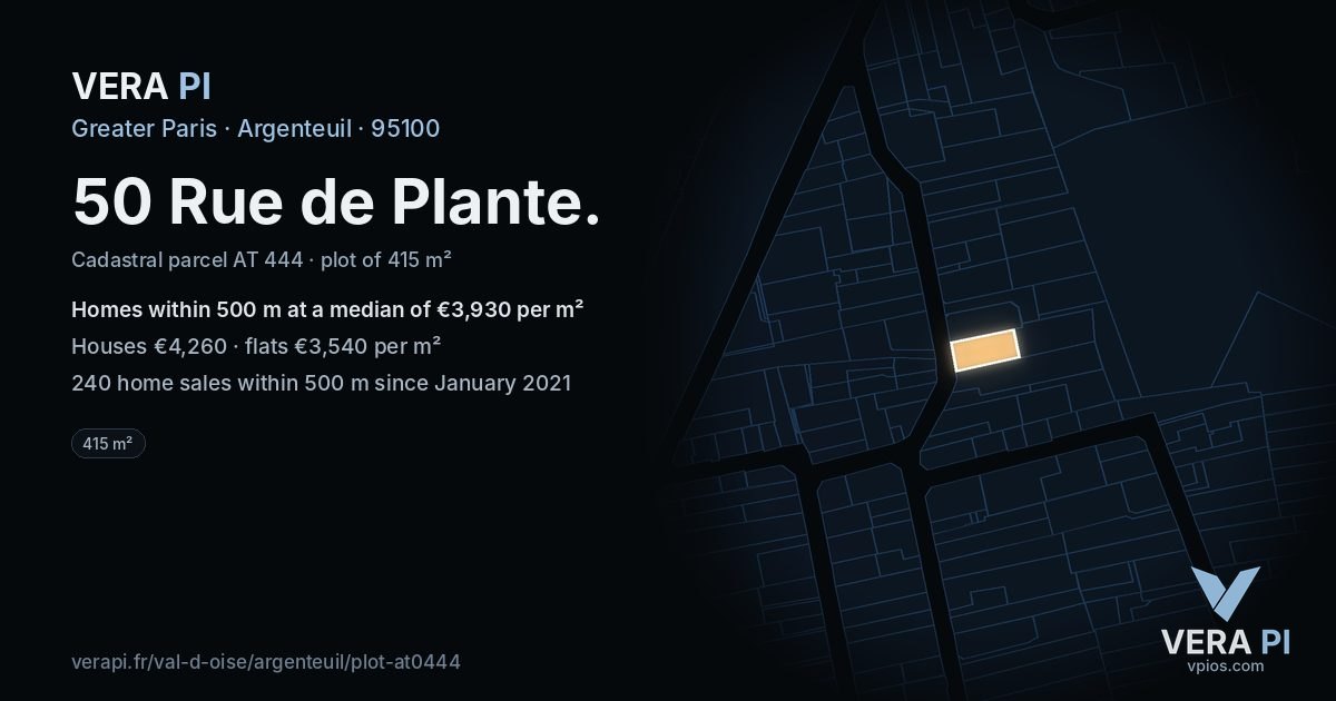 50 Rue de Plante, Argenteuil at night – the plot lit, the parcels around coloured by the prices near them