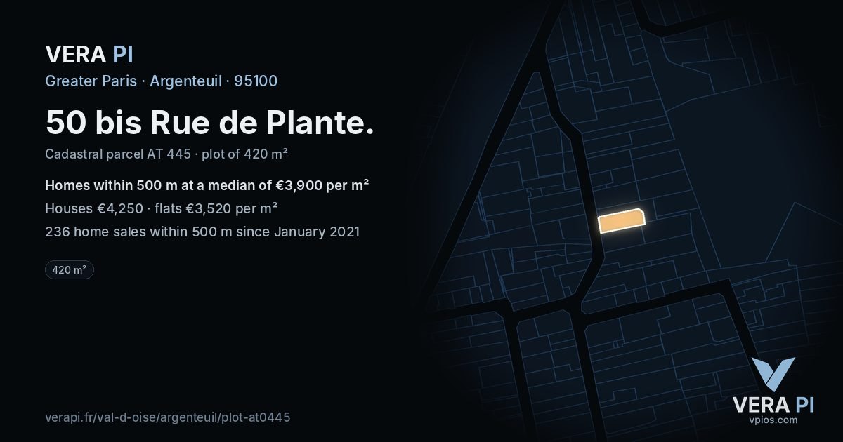50 bis Rue de Plante, Argenteuil at night – the plot lit, the parcels around coloured by the prices near them