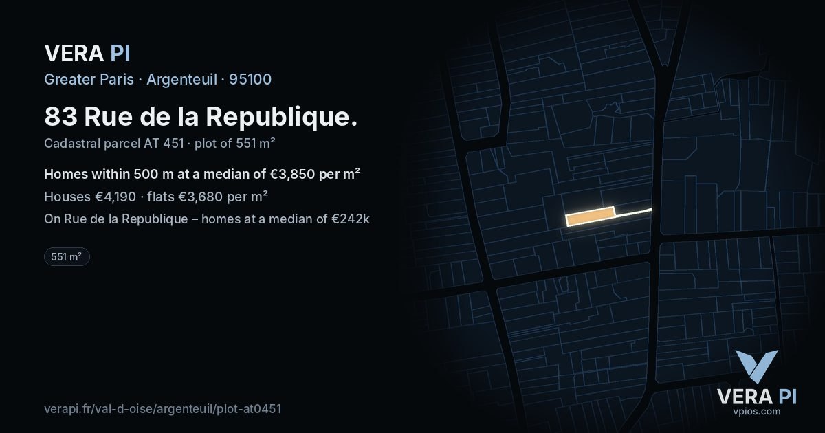 83 Rue de la Republique, Argenteuil at night – the plot lit, the parcels around coloured by the prices near them