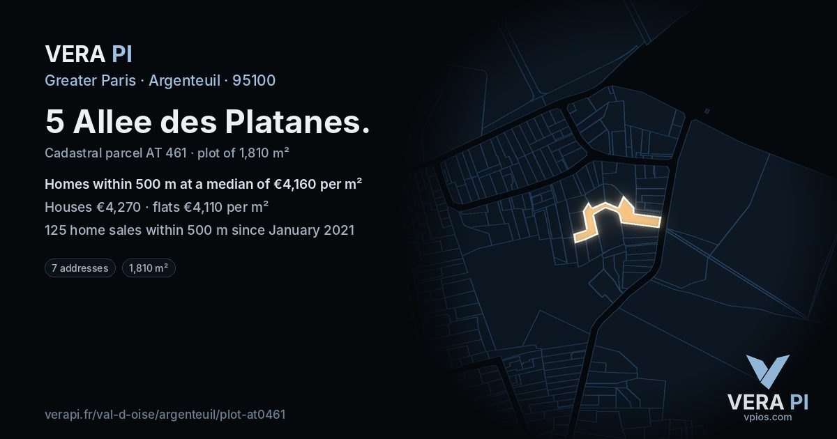 5 Allee des Platanes, Argenteuil at night – the plot lit, the parcels around coloured by the prices near them