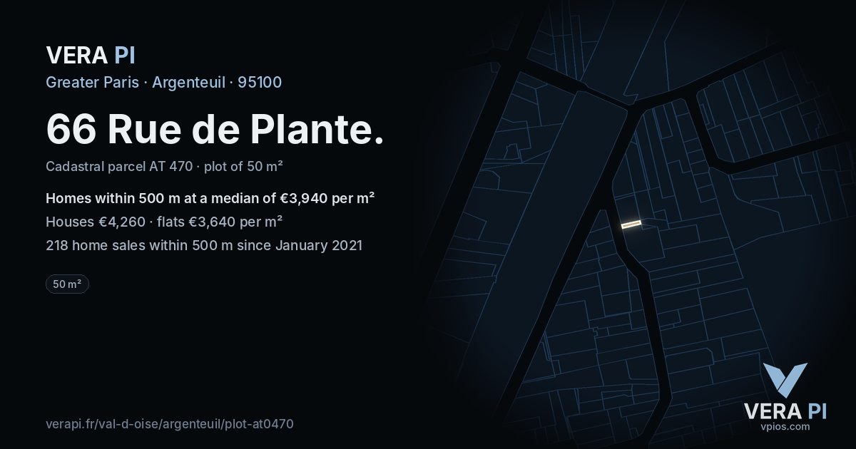 66 Rue de Plante, Argenteuil at night – the plot lit, the parcels around coloured by the prices near them