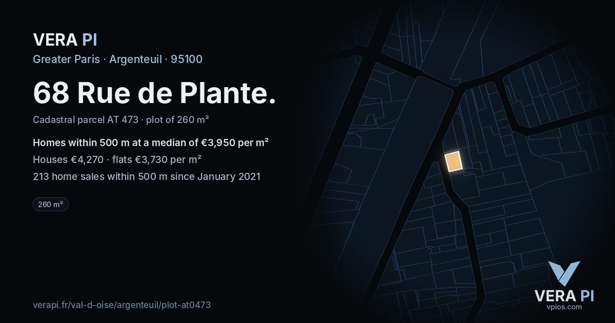 68 Rue de Plante, Argenteuil at night – the plot lit, the parcels around coloured by the prices near them