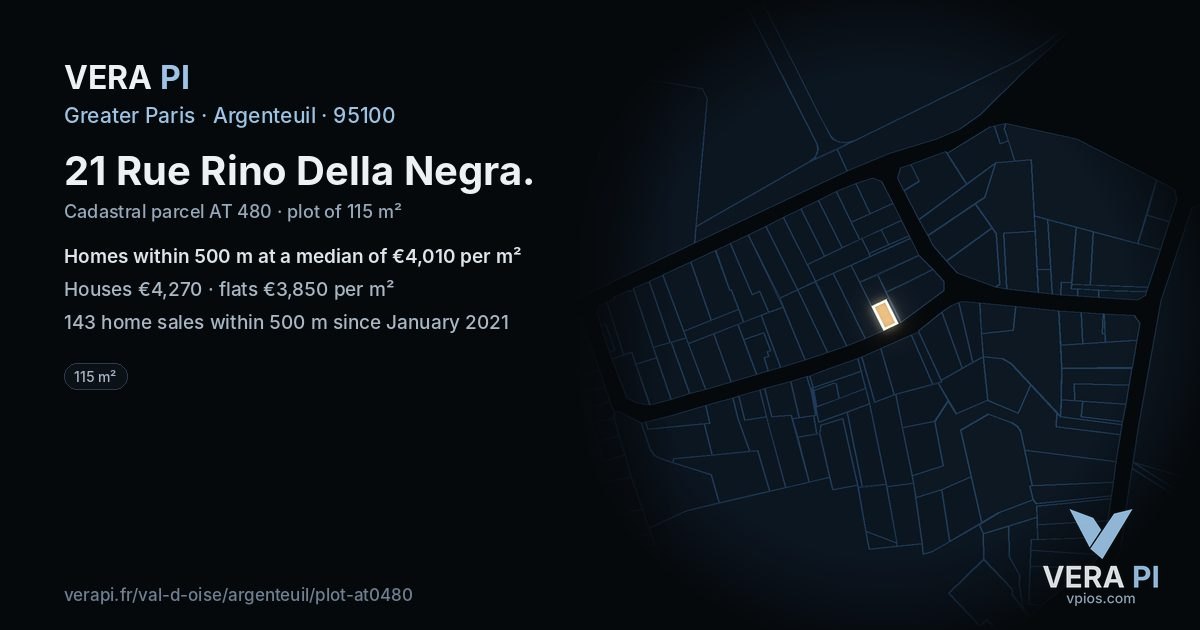 21 Rue Rino Della Negra, Argenteuil at night – the plot lit, the parcels around coloured by the prices near them