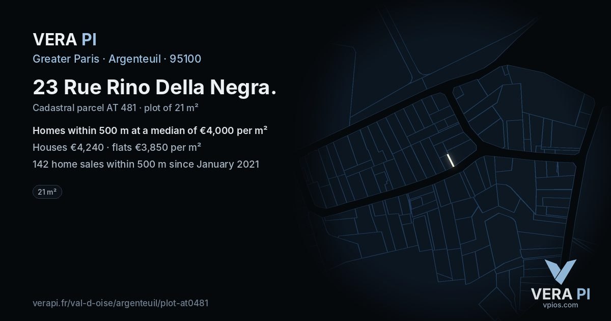 23 Rue Rino Della Negra, Argenteuil at night – the plot lit, the parcels around coloured by the prices near them