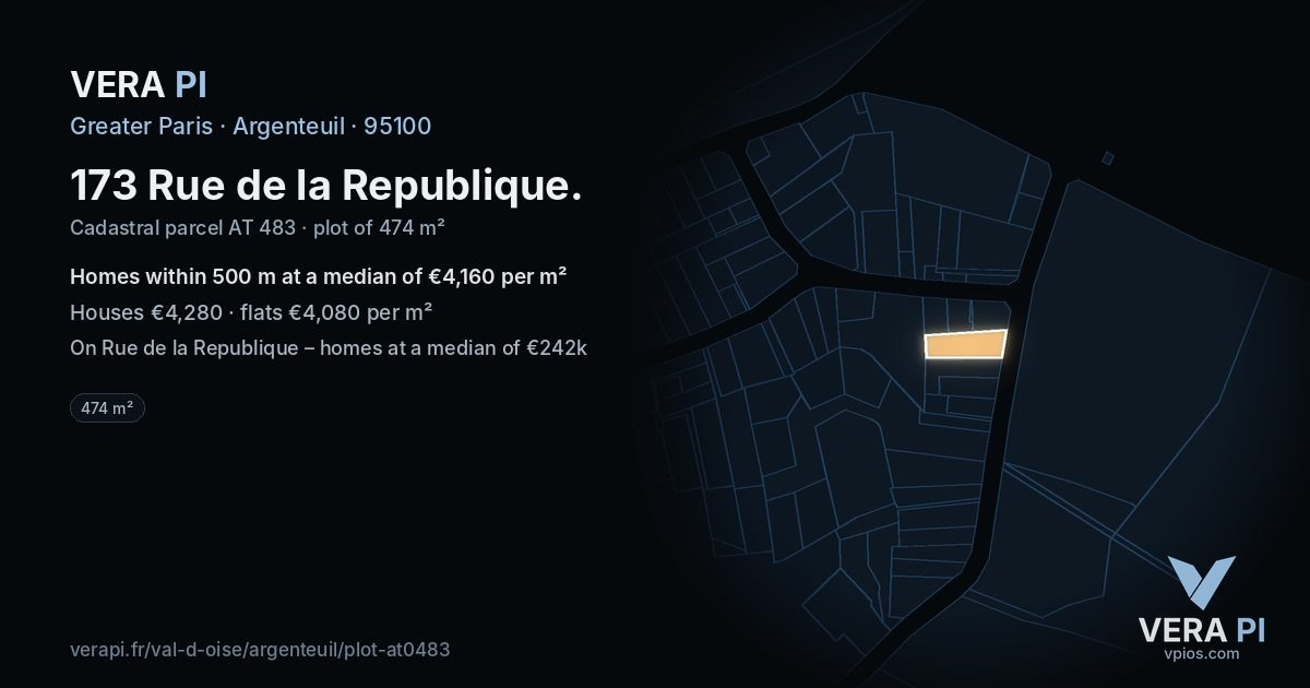 173 Rue de la Republique, Argenteuil at night – the plot lit, the parcels around coloured by the prices near them