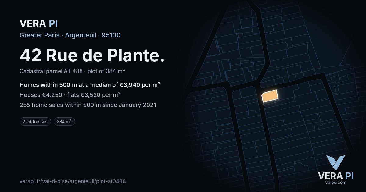 42 Rue de Plante, Argenteuil at night – the plot lit, the parcels around coloured by the prices near them