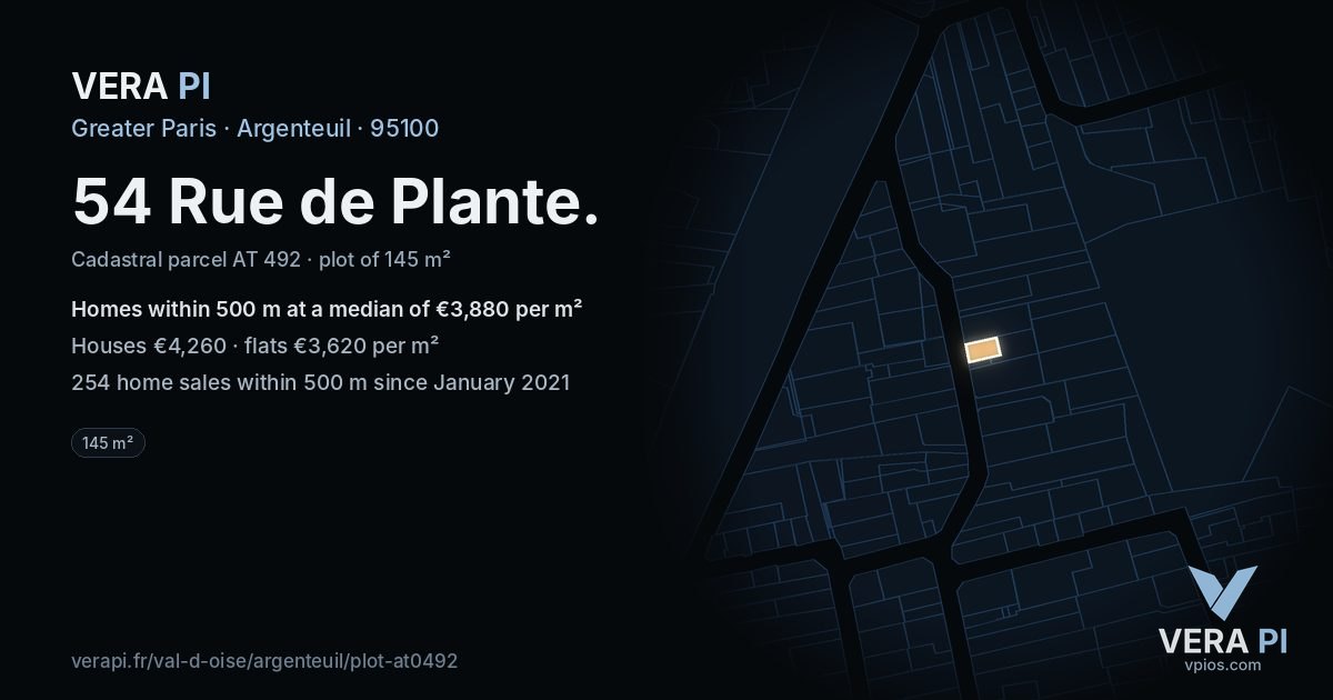 54 Rue de Plante, Argenteuil at night – the plot lit, the parcels around coloured by the prices near them