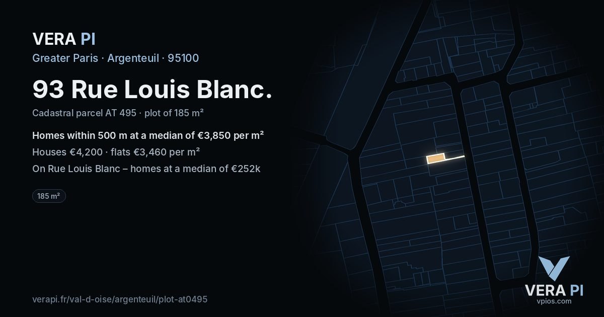 93 Rue Louis Blanc, Argenteuil at night – the plot lit, the parcels around coloured by the prices near them