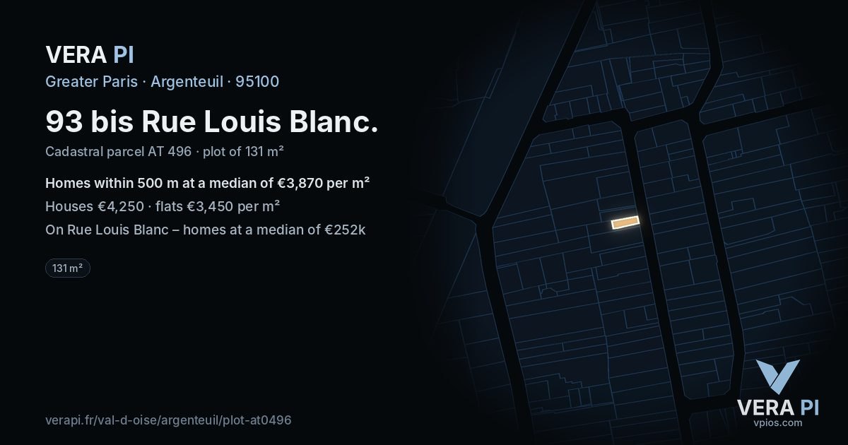 93 bis Rue Louis Blanc, Argenteuil at night – the plot lit, the parcels around coloured by the prices near them