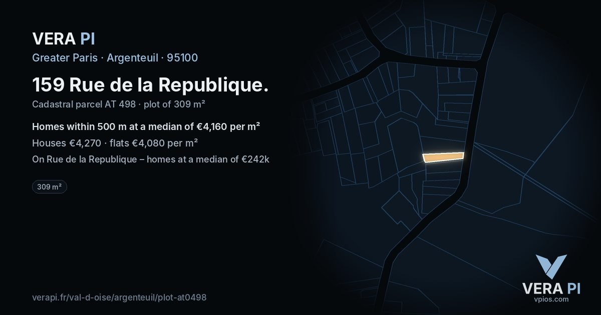 159 Rue de la Republique, Argenteuil at night – the plot lit, the parcels around coloured by the prices near them