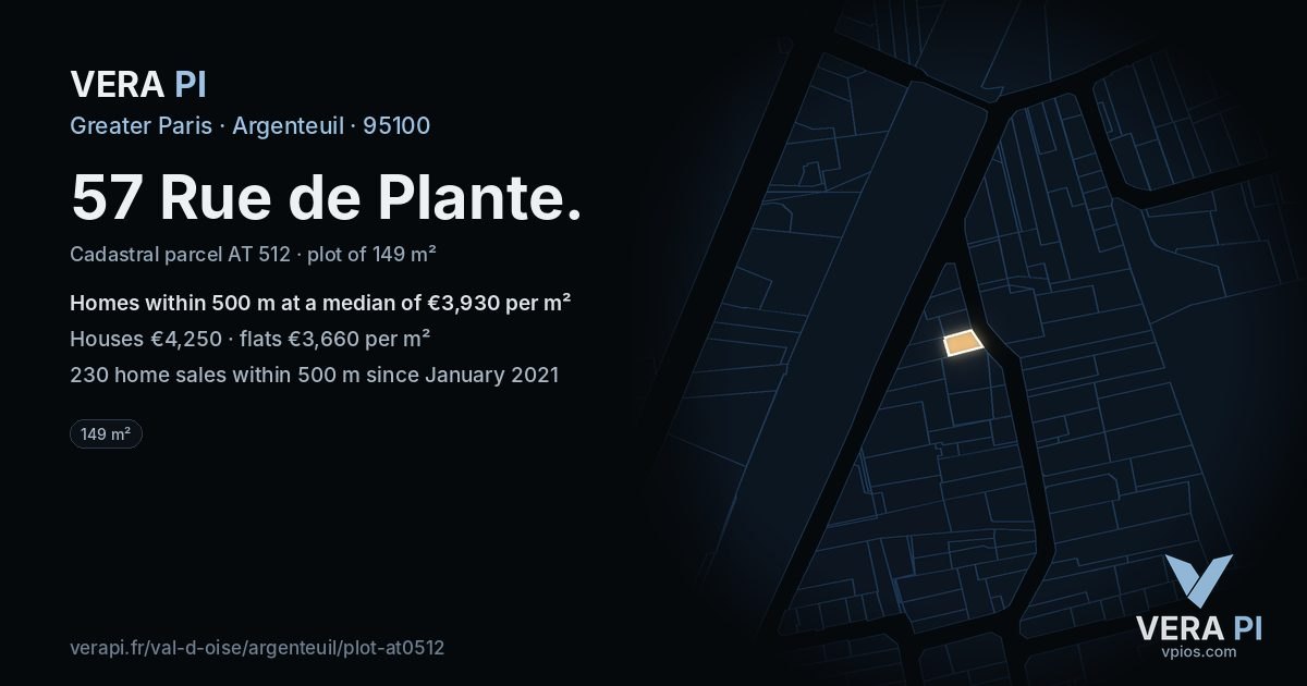 57 Rue de Plante, Argenteuil at night – the plot lit, the parcels around coloured by the prices near them