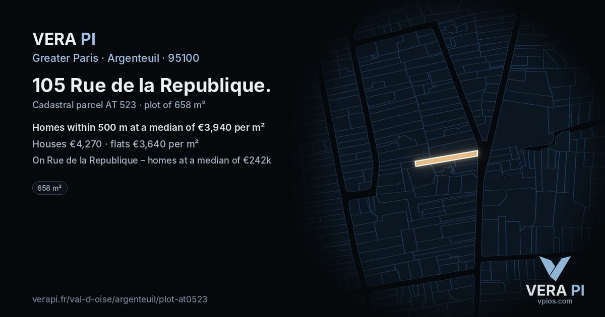 105 Rue de la Republique, Argenteuil at night – the plot lit, the parcels around coloured by the prices near them