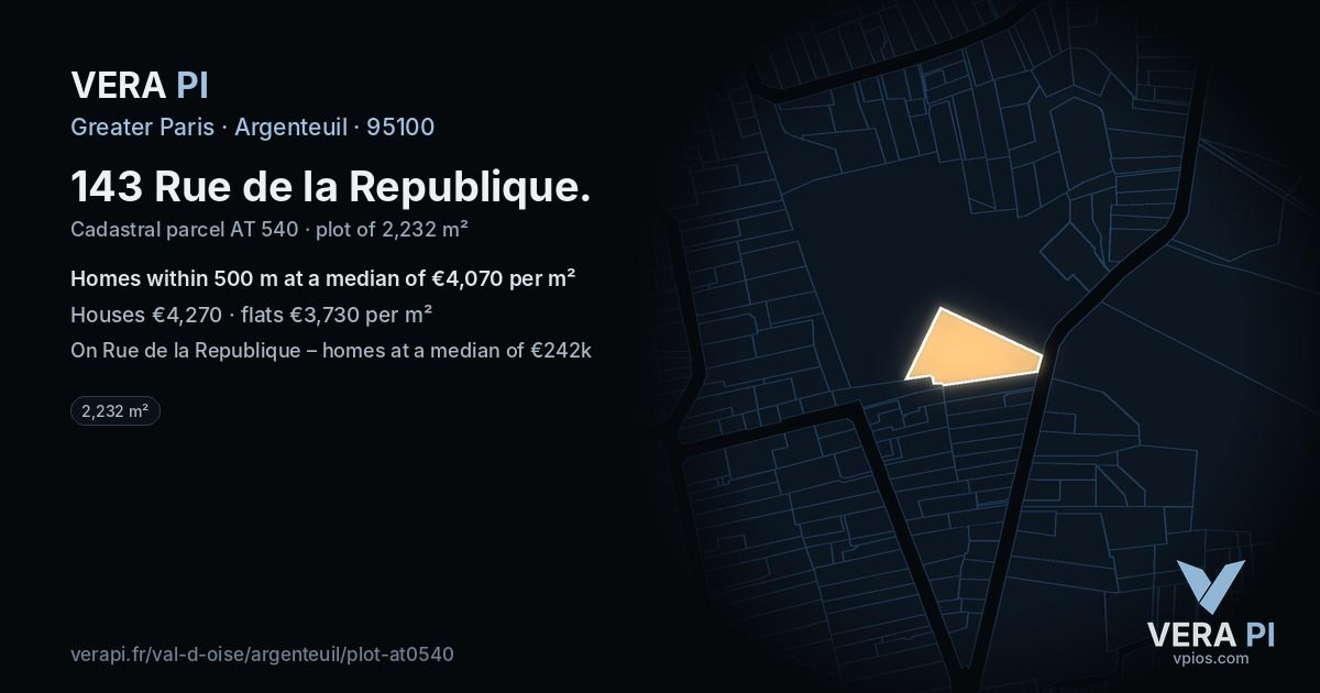 143 Rue de la Republique, Argenteuil at night – the plot lit, the parcels around coloured by the prices near them