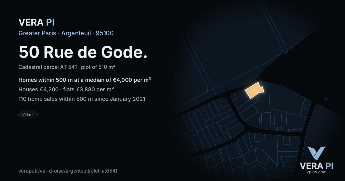 50 Rue de Gode, Argenteuil at night – the plot lit, the parcels around coloured by the prices near them