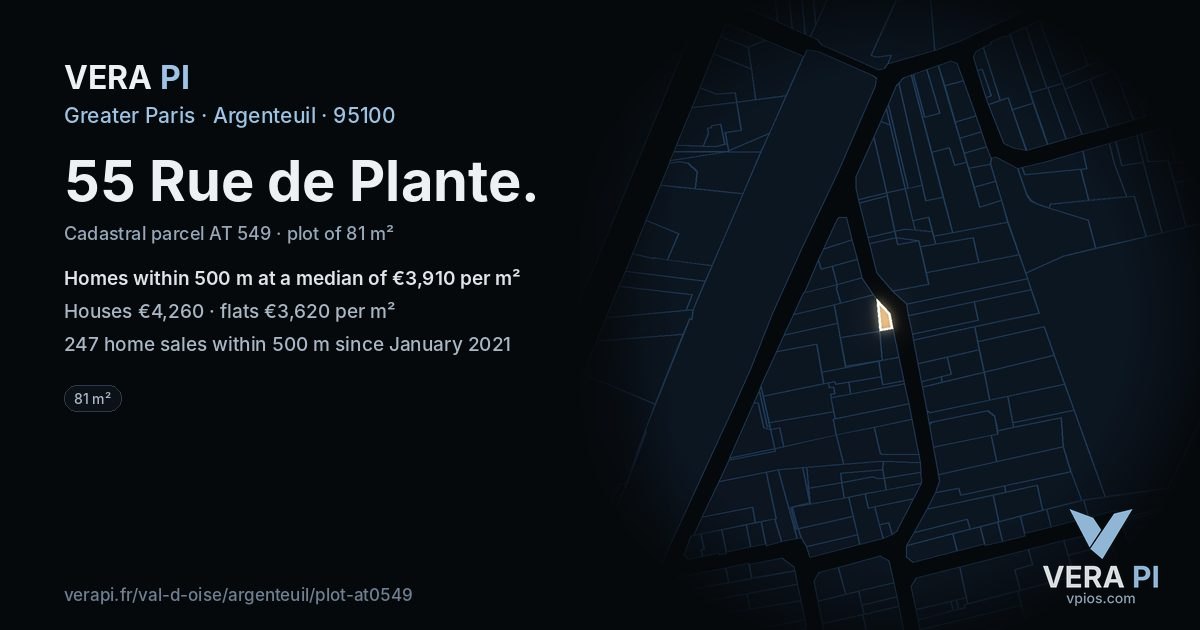 55 Rue de Plante, Argenteuil at night – the plot lit, the parcels around coloured by the prices near them