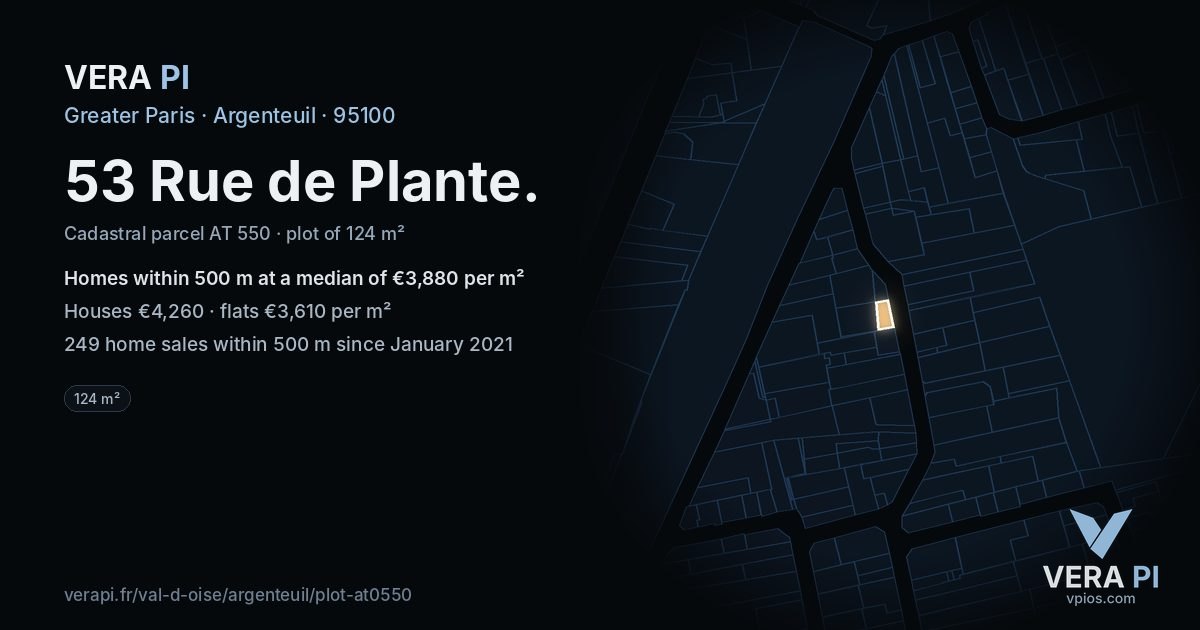 53 Rue de Plante, Argenteuil at night – the plot lit, the parcels around coloured by the prices near them