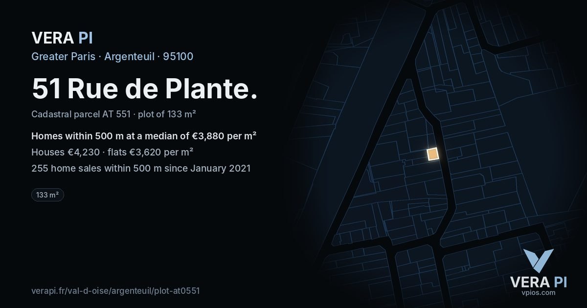 51 Rue de Plante, Argenteuil at night – the plot lit, the parcels around coloured by the prices near them
