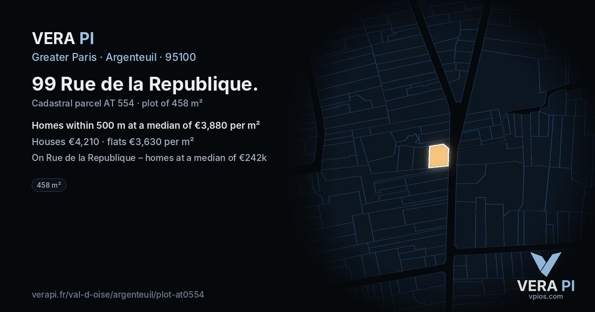 99 Rue de la Republique, Argenteuil at night – the plot lit, the parcels around coloured by the prices near them