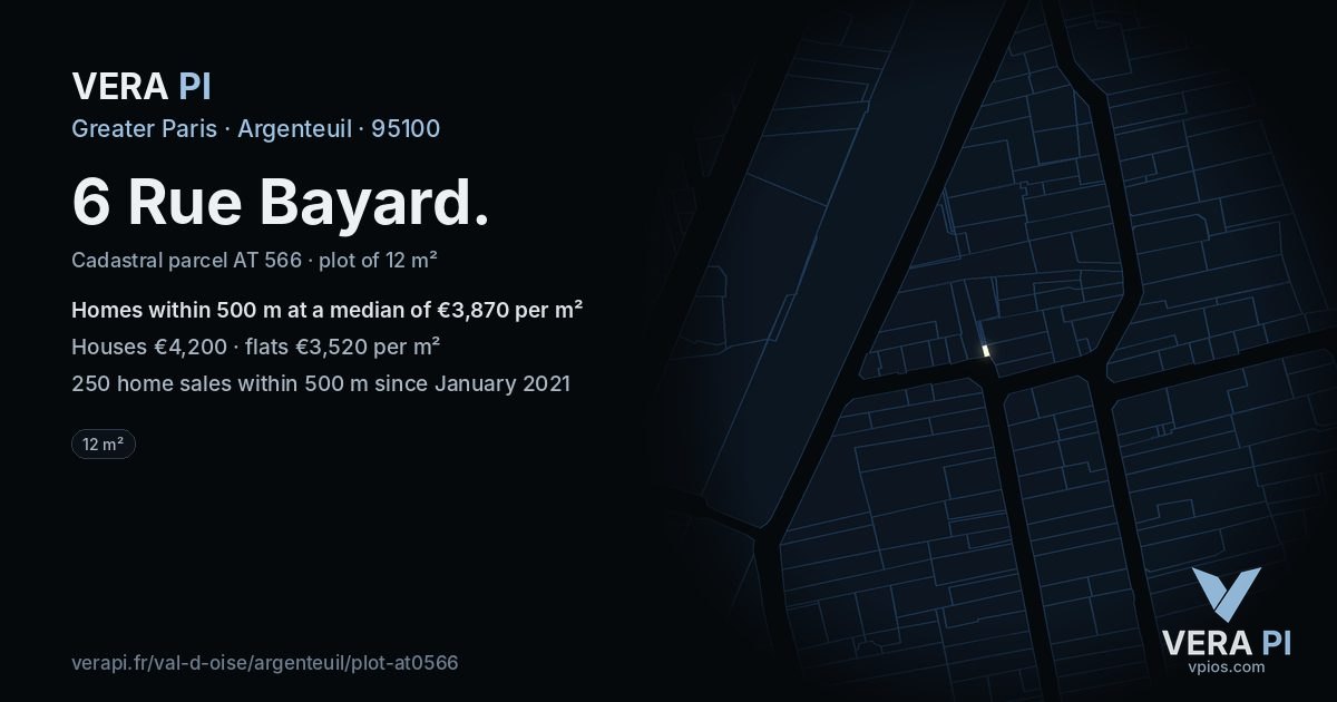 6 Rue Bayard, Argenteuil at night – the plot lit, the parcels around coloured by the prices near them