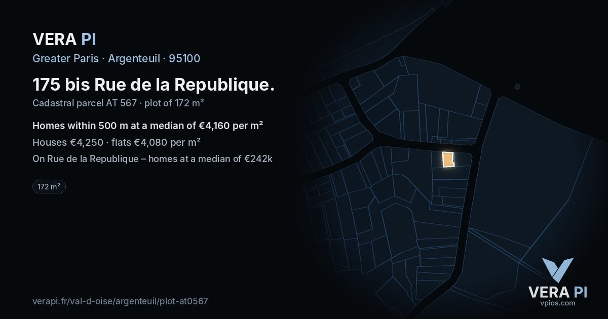 175 bis Rue de la Republique, Argenteuil at night – the plot lit, the parcels around coloured by the prices near them