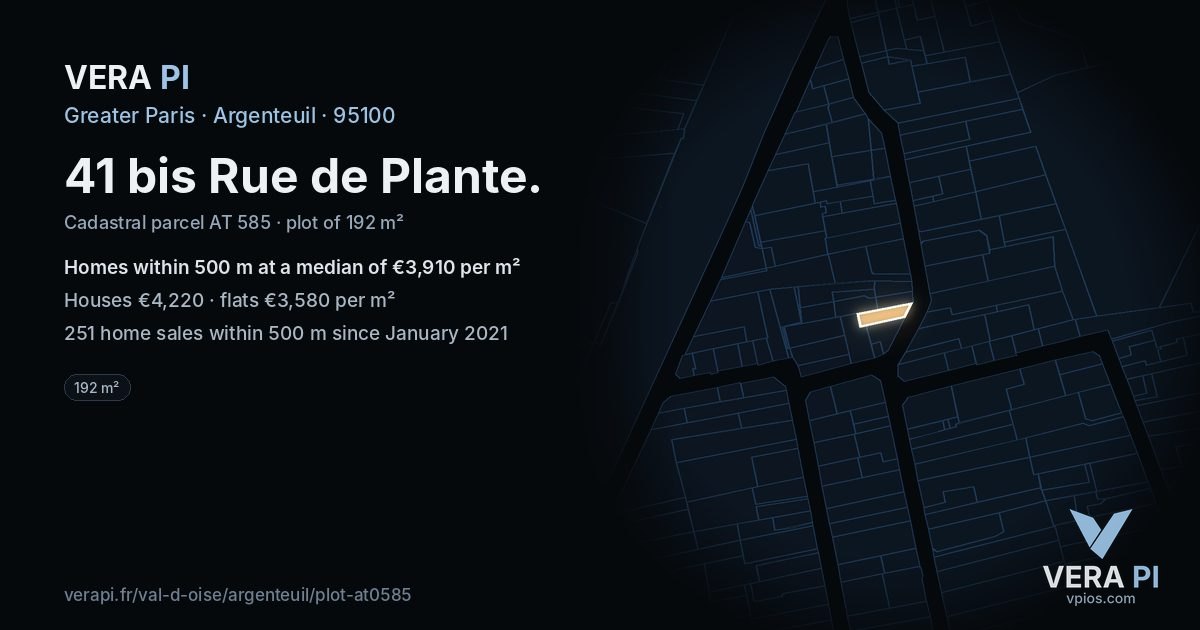 41 bis Rue de Plante, Argenteuil at night – the plot lit, the parcels around coloured by the prices near them