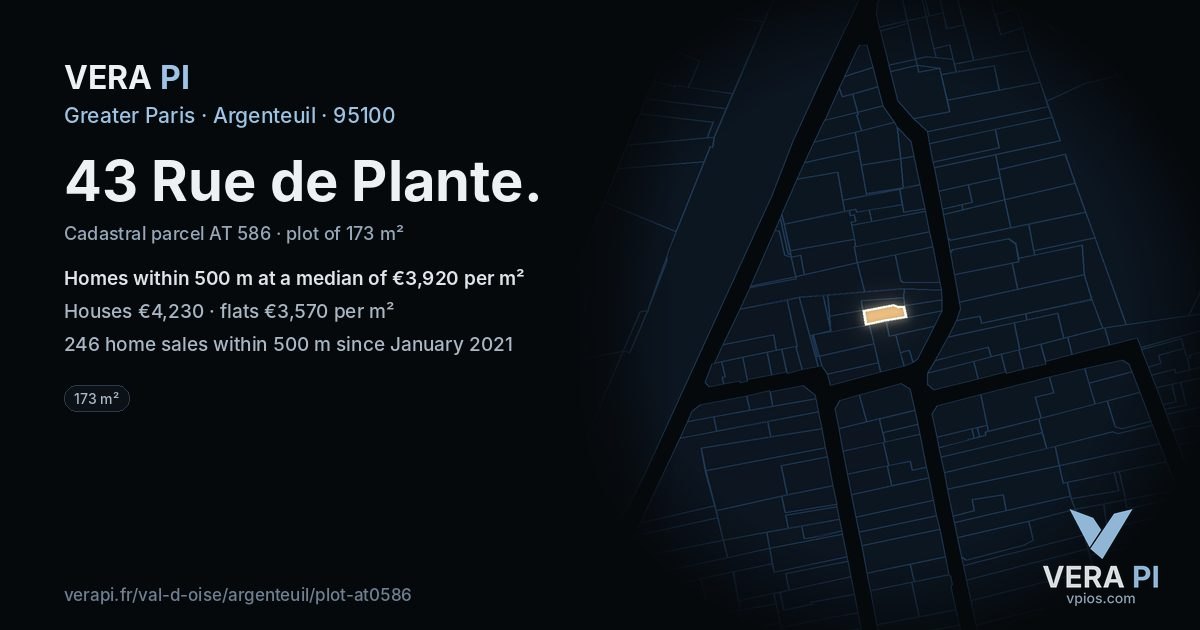 43 Rue de Plante, Argenteuil at night – the plot lit, the parcels around coloured by the prices near them