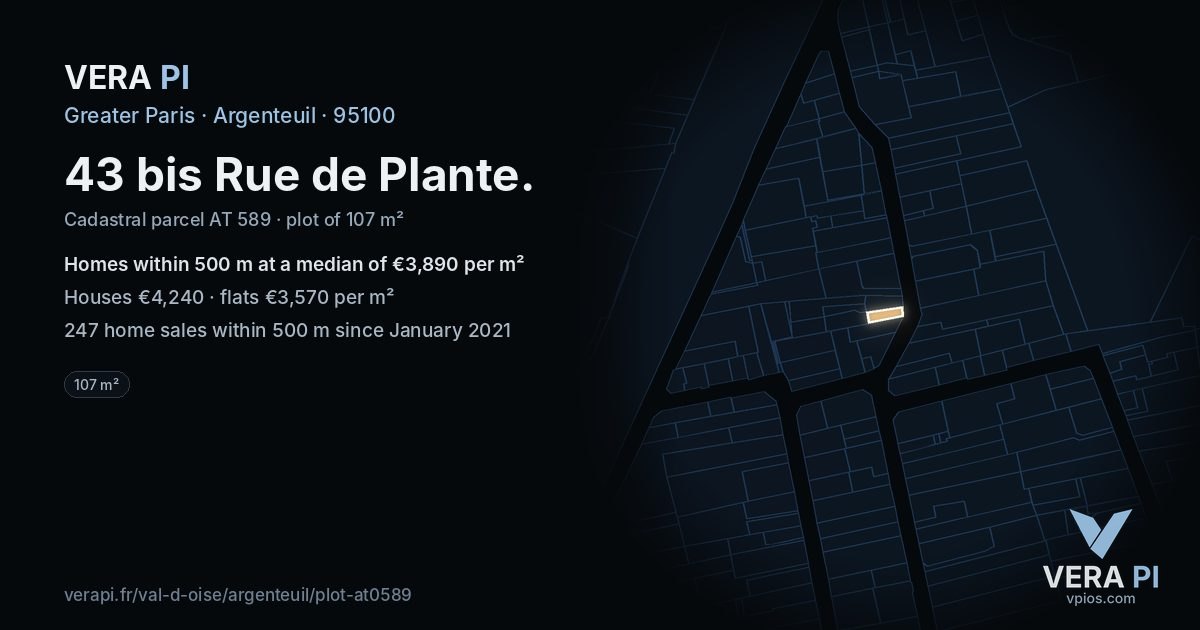 43 bis Rue de Plante, Argenteuil at night – the plot lit, the parcels around coloured by the prices near them
