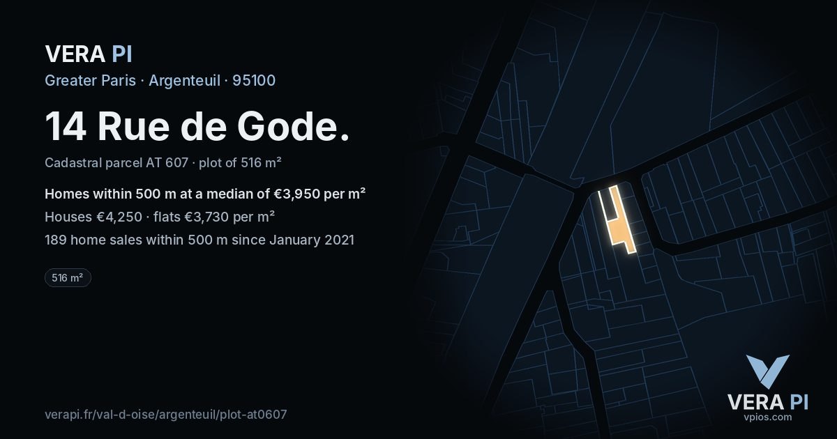 14 Rue de Gode, Argenteuil at night – the plot lit, the parcels around coloured by the prices near them