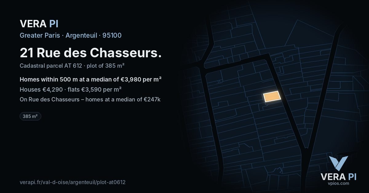 21 Rue des Chasseurs, Argenteuil at night – the plot lit, the parcels around coloured by the prices near them