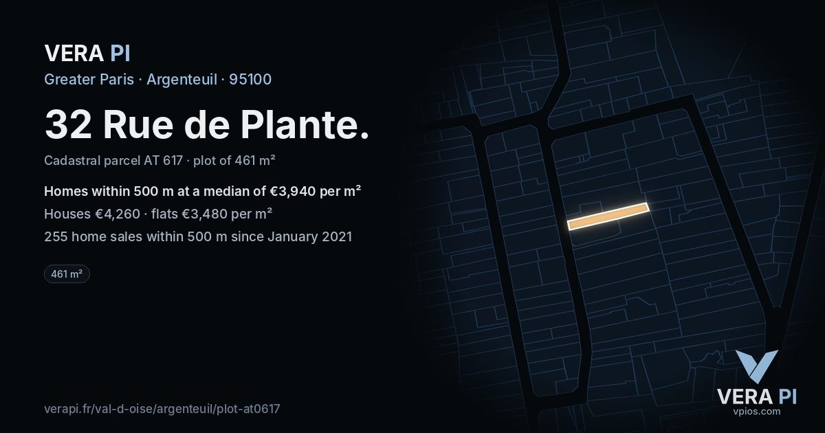 32 Rue de Plante, Argenteuil at night – the plot lit, the parcels around coloured by the prices near them
