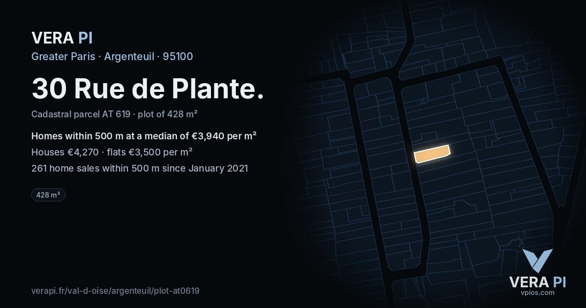 30 Rue de Plante, Argenteuil at night – the plot lit, the parcels around coloured by the prices near them