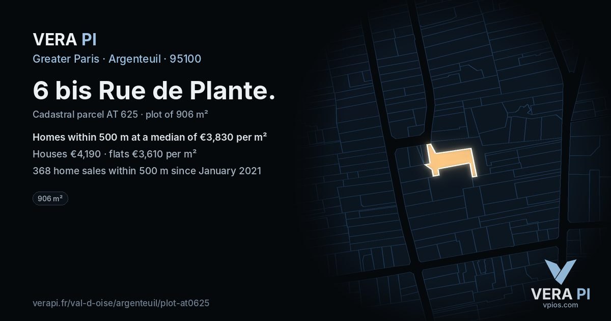 6 bis Rue de Plante, Argenteuil at night – the plot lit, the parcels around coloured by the prices near them