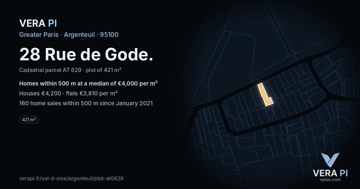 28 Rue de Gode, Argenteuil at night – the plot lit, the parcels around coloured by the prices near them
