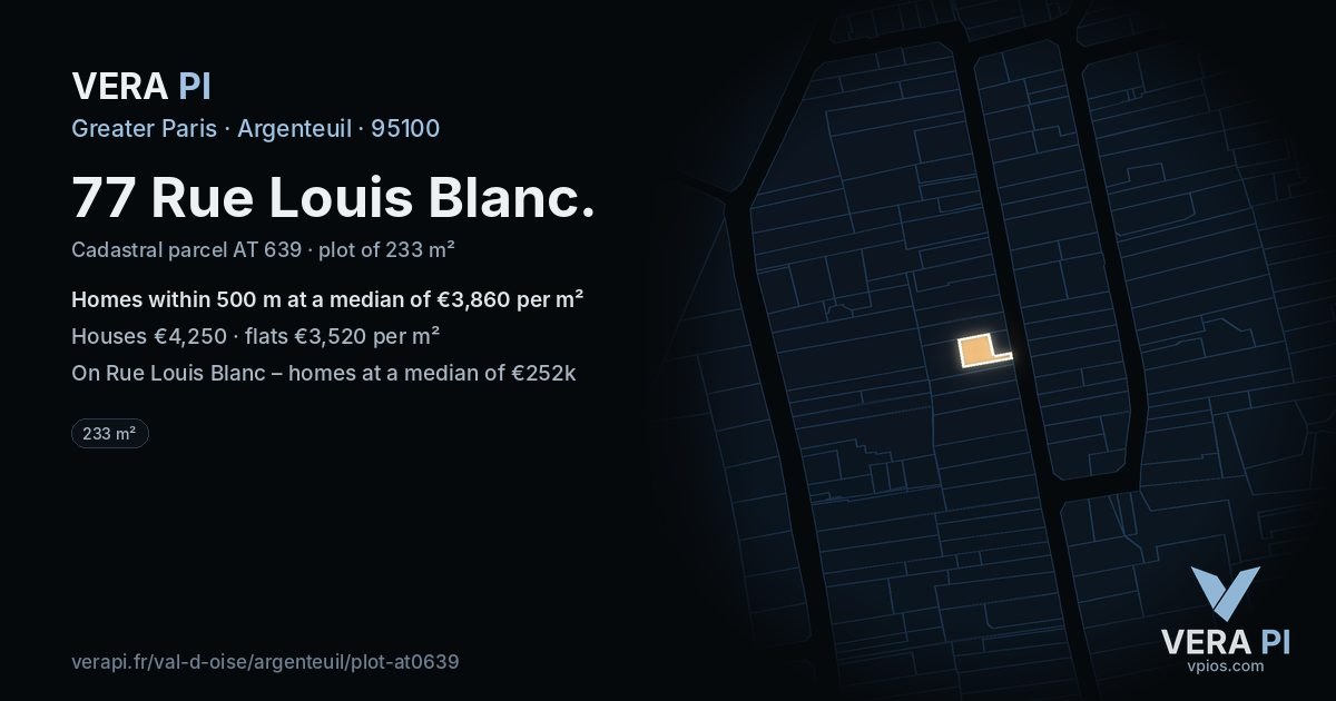 77 Rue Louis Blanc, Argenteuil at night – the plot lit, the parcels around coloured by the prices near them